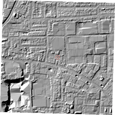 Shaded relief map of the ground around N170TJ, computed from Environment Agency LiDAR. The ground here sits at about 11 m above sea level and falls 12 m across the surrounding 800 m. Surface water reaching this point runs off ground lying to the north-west, 1.0 m higher.