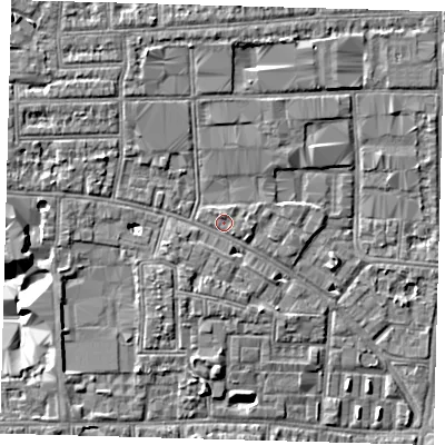 Shaded relief map of the ground around N170TL, computed from Environment Agency LiDAR. The ground here sits at about 11 m above sea level and falls 7 m across the surrounding 800 m. Surface water reaching this point runs off ground lying to the north-north-east, 0.8 m higher.
