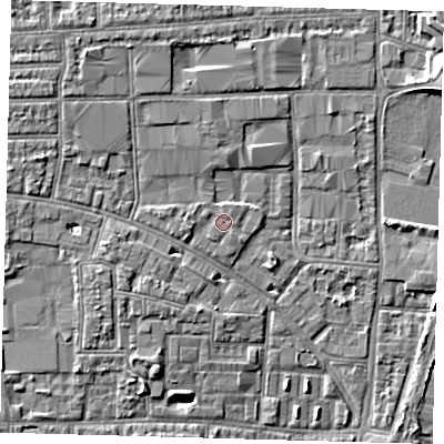 Shaded relief map of the ground around N170TQ, computed from Environment Agency LiDAR. The ground here sits at about 11 m above sea level and falls 5 m across the surrounding 800 m. Surface water reaching this point runs off ground lying to the west, 0.7 m higher.