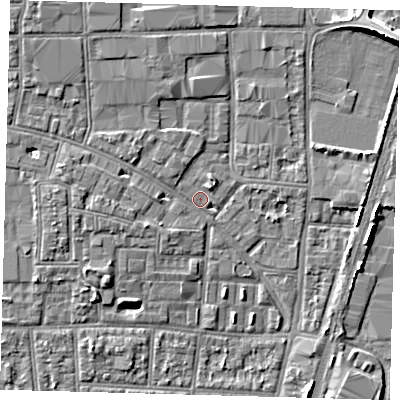 Shaded relief map of the ground around N170TW, computed from Environment Agency LiDAR. The ground here sits at about 10 m above sea level and falls 8 m across the surrounding 800 m. Surface water reaching this point runs off ground lying to the west, 2.4 m higher.