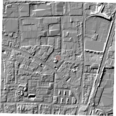Shaded relief map of the ground around N170TZ, computed from Environment Agency LiDAR. The ground here sits at about 10 m above sea level and falls 9 m across the surrounding 800 m. Surface water reaching this point runs off ground lying to the west-south-west, 1.7 m higher.