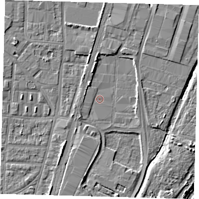 Shaded relief map of the ground around N170UG, computed from Environment Agency LiDAR. The ground here sits at about 9 m above sea level and falls 6 m across the surrounding 800 m. Surface water reaching this point runs off ground lying to the north-north-west, 3.9 m higher.