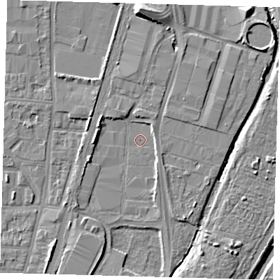 Shaded relief map of the ground around N170UL, computed from Environment Agency LiDAR. The ground here sits at about 9 m above sea level and falls 10 m across the surrounding 800 m. The ground contributing surface water to this point lies to the east-north-east.