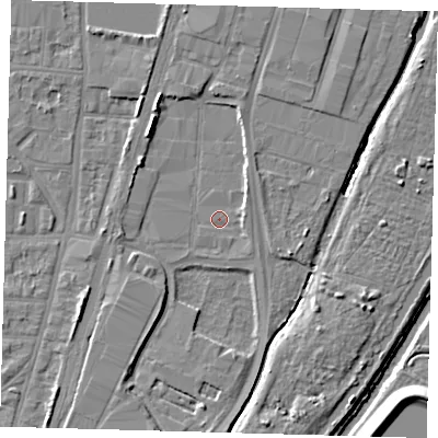 Shaded relief map of the ground around N170UR, computed from Environment Agency LiDAR. The ground here sits at about 9 m above sea level and falls 9 m across the surrounding 800 m. Surface water reaching this point runs off ground lying to the north-east, 2.5 m higher.