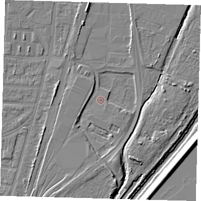Shaded relief map of the ground around N170UX, computed from Environment Agency LiDAR. The ground here sits at about 9 m above sea level and falls 10 m across the surrounding 800 m. Surface water reaching this point runs off ground lying to the south-south-east, 1.6 m higher.