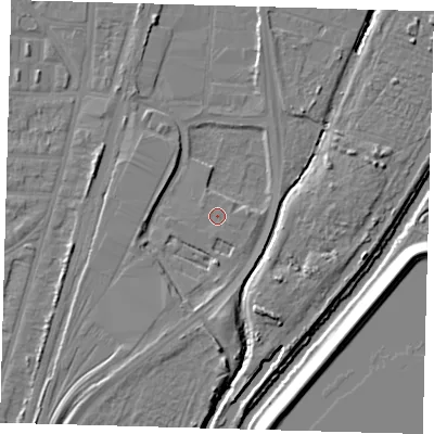 Shaded relief map of the ground around N170XB, computed from Environment Agency LiDAR. The ground here sits at about 9 m above sea level and falls 10 m across the surrounding 800 m. The ground contributing surface water to this point lies to the south.