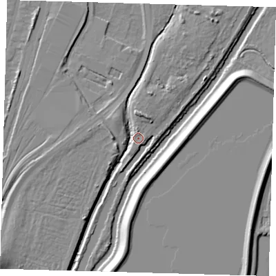 Shaded relief map of the ground around N170XD, computed from Environment Agency LiDAR. The ground here sits at about 10 m above sea level and falls 10 m across the surrounding 800 m. Surface water reaching this point runs off ground lying to the north, 6.6 m higher.