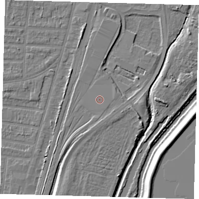 Shaded relief map of the ground around N170XE, computed from Environment Agency LiDAR. The ground here sits at about 11 m above sea level and falls 10 m across the surrounding 800 m. Surface water reaching this point runs off ground lying to the south-south-west, 1.5 m higher.