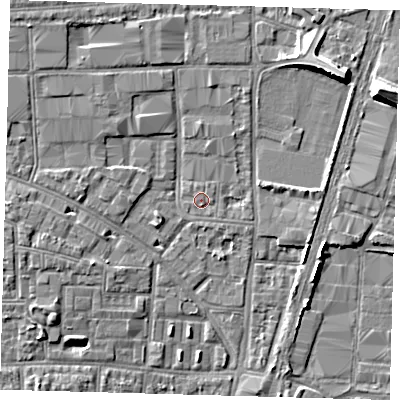 Shaded relief map of the ground around N170XH, computed from Environment Agency LiDAR. The ground here sits at about 10 m above sea level and falls 8 m across the surrounding 800 m. Surface water reaching this point runs off ground lying to the north-west, 2.8 m higher.