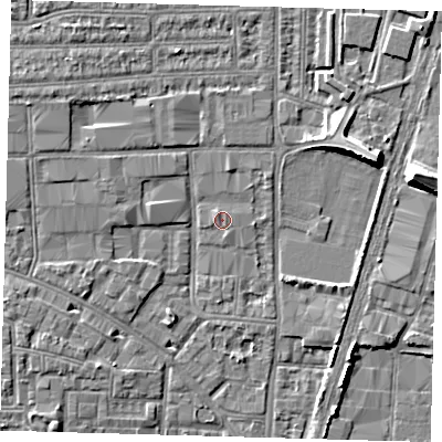 Shaded relief map of the ground around N170XJ, computed from Environment Agency LiDAR. The ground here sits at about 10 m above sea level and falls 8 m across the surrounding 800 m. Surface water reaching this point runs off ground lying to the north-west, 0.7 m higher.