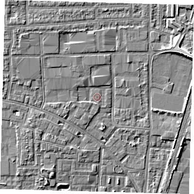 Shaded relief map of the ground around N170XL, computed from Environment Agency LiDAR. The ground here sits at about 10 m above sea level and falls 8 m across the surrounding 800 m. Surface water reaching this point runs off ground lying to the south-south-west, 1.0 m higher.