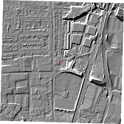 Shaded relief map of the ground around N170XR, computed from Environment Agency LiDAR. The ground here sits at about 10 m above sea level and falls 9 m across the surrounding 800 m. Surface water reaching this point runs off ground lying to the east-south-east, 3.8 m higher.