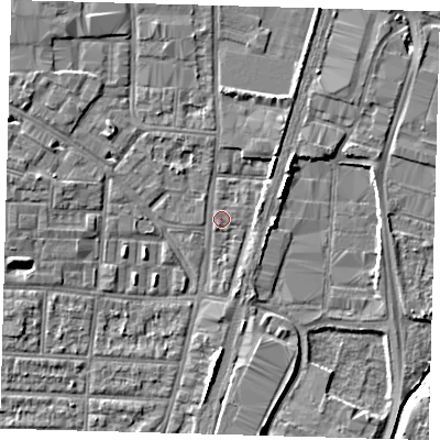 Shaded relief map of the ground around N170YH, computed from Environment Agency LiDAR. The ground here sits at about 10 m above sea level and falls 5 m across the surrounding 800 m. Surface water reaching this point runs off ground lying to the north-east, 2.7 m higher.