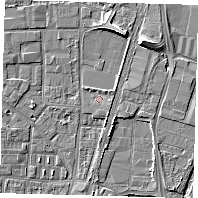 Shaded relief map of the ground around N170YL, computed from Environment Agency LiDAR. The ground here sits at about 10 m above sea level and falls 9 m across the surrounding 800 m. Surface water reaching this point runs off ground lying to the north-east, 1.7 m higher.