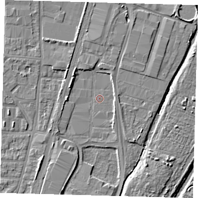 Shaded relief map of the ground around N170YU, computed from Environment Agency LiDAR. The ground here sits at about 10 m above sea level and falls 6 m across the surrounding 800 m. The ground contributing surface water to this point lies to the north-north-west.