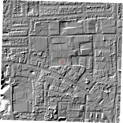Shaded relief map of the ground around N170YX, computed from Environment Agency LiDAR. The ground here sits at about 11 m above sea level and falls 6 m across the surrounding 800 m. Surface water reaching this point runs off ground lying to the north-west, 3.5 m higher.