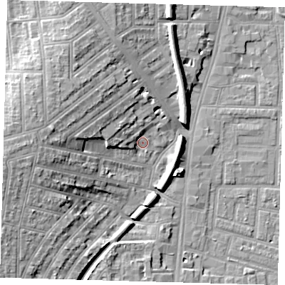 Shaded relief map of the ground around N171AA, computed from Environment Agency LiDAR. The ground here sits at about 12 m above sea level and falls 17 m across the surrounding 800 m. Surface water reaching this point runs off ground lying to the west, 5.1 m higher.