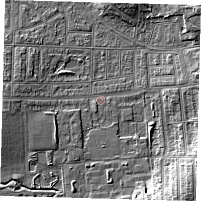 Shaded relief map of the ground around N176AA, computed from Environment Agency LiDAR. The ground here sits at about 15 m above sea level and falls 11 m across the surrounding 800 m. Surface water reaching this point runs off ground lying to the west, 4.6 m higher.