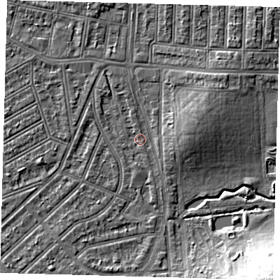 Shaded relief map of the ground around N176AH, computed from Environment Agency LiDAR. The ground here sits at about 16 m above sea level and falls 14 m across the surrounding 800 m. Surface water reaching this point runs off ground lying to the north-north-west, 1.4 m higher.