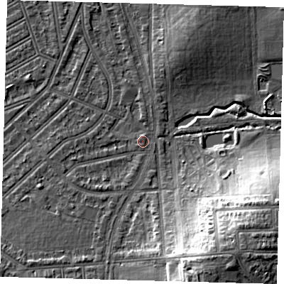 Shaded relief map of the ground around N176AJ, computed from Environment Agency LiDAR. The ground here sits at about 16 m above sea level and falls 17 m across the surrounding 800 m. Surface water reaching this point runs off ground lying to the south-west, 4.2 m higher.