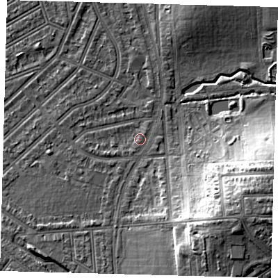 Shaded relief map of the ground around N176AL, computed from Environment Agency LiDAR. The ground here sits at about 16 m above sea level and falls 17 m across the surrounding 800 m. Surface water reaching this point runs off ground lying to the south-west, 5.3 m higher.