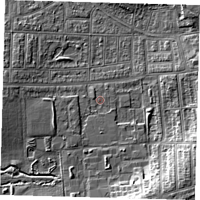 Shaded relief map of the ground around N176AQ, computed from Environment Agency LiDAR. The ground here sits at about 15 m above sea level and falls 11 m across the surrounding 800 m. Surface water reaching this point runs off ground lying to the west-south-west, 1.7 m higher.
