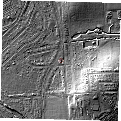 Shaded relief map of the ground around N176BB, computed from Environment Agency LiDAR. The ground here sits at about 16 m above sea level and falls 17 m across the surrounding 800 m. Surface water reaching this point runs off ground lying to the south, 0.7 m higher.