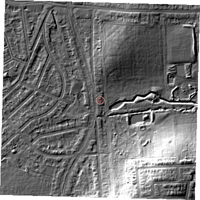 Shaded relief map of the ground around N176BD, computed from Environment Agency LiDAR. The ground here sits at about 16 m above sea level and falls 17 m across the surrounding 800 m. Surface water reaching this point runs off ground lying to the north-north-east, 3.7 m higher.