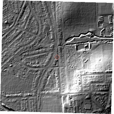 Shaded relief map of the ground around N176BG, computed from Environment Agency LiDAR. The ground here sits at about 16 m above sea level and falls 17 m across the surrounding 800 m. Surface water reaching this point runs off ground lying to the south-east, 15.0 m higher.