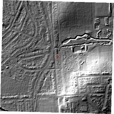 Shaded relief map of the ground around N176BL, computed from Environment Agency LiDAR. The ground here sits at about 16 m above sea level and falls 17 m across the surrounding 800 m. Surface water reaching this point runs off ground lying to the south-south-east, 15.2 m higher.