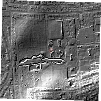 Shaded relief map of the ground around N176BQ, computed from Environment Agency LiDAR. The ground here sits at about 15 m above sea level and falls 17 m across the surrounding 800 m. Surface water reaching this point runs off ground lying to the south, 16.6 m higher.