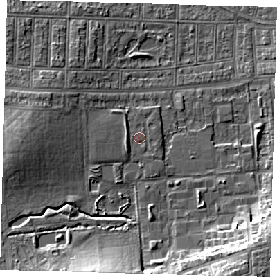 Shaded relief map of the ground around N176DL, computed from Environment Agency LiDAR. The ground here sits at about 16 m above sea level and falls 12 m across the surrounding 800 m. Surface water reaching this point runs off ground lying to the south-east, 0.6 m higher.