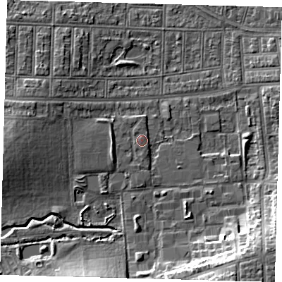 Shaded relief map of the ground around N176DN, computed from Environment Agency LiDAR. The ground here sits at about 16 m above sea level and falls 12 m across the surrounding 800 m. Surface water reaching this point runs off ground lying to the south, 0.6 m higher.