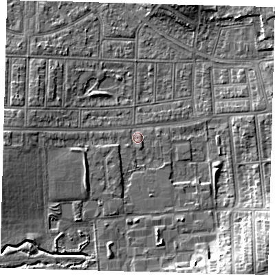 Shaded relief map of the ground around N176ED, computed from Environment Agency LiDAR. The ground here sits at about 15 m above sea level and falls 11 m across the surrounding 800 m. Surface water reaching this point runs off ground lying to the west, 4.9 m higher.
