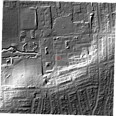 Shaded relief map of the ground around N176GZ, computed from Environment Agency LiDAR. The ground here sits at about 16 m above sea level and falls 17 m across the surrounding 800 m. Surface water reaching this point runs off ground lying to the south, 10.8 m higher.