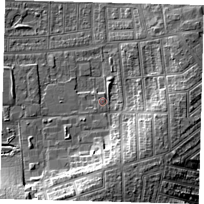 Shaded relief map of the ground around N176HB, computed from Environment Agency LiDAR. The ground here sits at about 16 m above sea level and falls 13 m across the surrounding 800 m. Surface water reaching this point runs off ground lying to the south-south-west, 0.9 m higher.