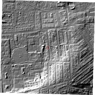 Shaded relief map of the ground around N176HD, computed from Environment Agency LiDAR. The ground here sits at about 15 m above sea level and falls 12 m across the surrounding 800 m. Surface water reaching this point runs off ground lying to the south, 10.8 m higher.