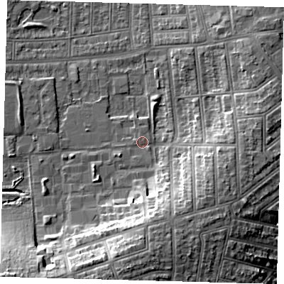 Shaded relief map of the ground around N176HE, computed from Environment Agency LiDAR. The ground here sits at about 16 m above sea level and falls 16 m across the surrounding 800 m. Surface water reaching this point runs off ground lying to the west-south-west, 1.5 m higher.