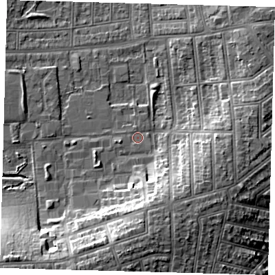 Shaded relief map of the ground around N176HT, computed from Environment Agency LiDAR. The ground here sits at about 16 m above sea level and falls 16 m across the surrounding 800 m. Surface water reaching this point runs off ground lying to the west-south-west, 1.3 m higher.