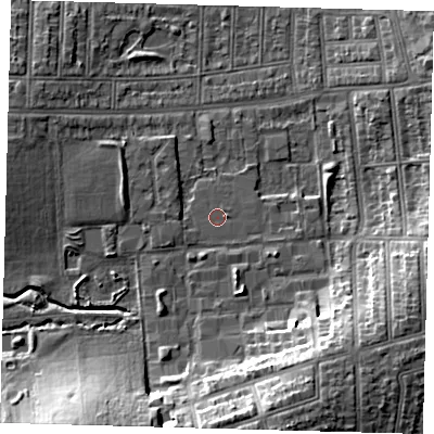 Shaded relief map of the ground around N176HW, computed from Environment Agency LiDAR. The ground here sits at about 16 m above sea level and falls 14 m across the surrounding 800 m. Surface water reaching this point runs off ground lying to the east, 0.5 m higher.