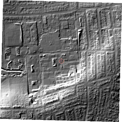 Shaded relief map of the ground around N176HY, computed from Environment Agency LiDAR. The ground here sits at about 16 m above sea level and falls 17 m across the surrounding 800 m. Surface water reaching this point runs off ground lying to the south-south-east, 9.7 m higher.
