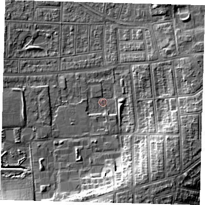 Shaded relief map of the ground around N176HZ, computed from Environment Agency LiDAR. The ground here sits at about 15 m above sea level and falls 12 m across the surrounding 800 m. Surface water reaching this point runs off ground lying to the south-south-east, 10.9 m higher.