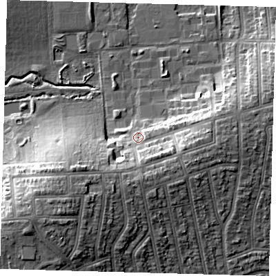 Shaded relief map of the ground around N176JP, computed from Environment Agency LiDAR. The ground here sits at about 20 m above sea level and falls 17 m across the surrounding 800 m. Surface water reaching this point runs off ground lying to the south-west, 11.8 m higher.