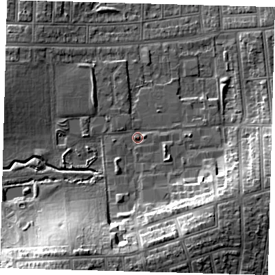 Shaded relief map of the ground around N176JW, computed from Environment Agency LiDAR. The ground here sits at about 16 m above sea level and falls 16 m across the surrounding 800 m. Surface water reaching this point runs off ground lying to the south-south-west, 14.1 m higher.