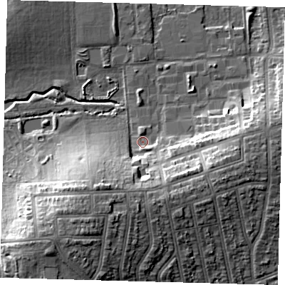 Shaded relief map of the ground around N176LL, computed from Environment Agency LiDAR. The ground here sits at about 17 m above sea level and falls 17 m across the surrounding 800 m. Surface water reaching this point runs off ground lying to the south-east, 2.5 m higher.