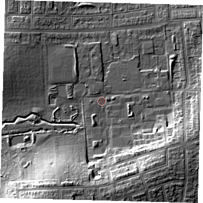Shaded relief map of the ground around N176LS, computed from Environment Agency LiDAR. The ground here sits at about 16 m above sea level and falls 16 m across the surrounding 800 m. Surface water reaching this point runs off ground lying to the south-south-west, 14.2 m higher.