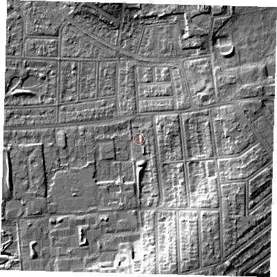 Shaded relief map of the ground around N176LZ, computed from Environment Agency LiDAR. The ground here sits at about 15 m above sea level and falls 11 m across the surrounding 800 m. Surface water reaching this point runs off ground lying to the south-south-east, 9.9 m higher.