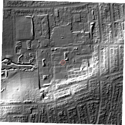 Shaded relief map of the ground around N176NG, computed from Environment Agency LiDAR. The ground here sits at about 16 m above sea level and falls 17 m across the surrounding 800 m. Surface water reaching this point runs off ground lying to the south-east, 9.3 m higher.