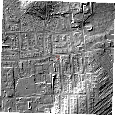 Shaded relief map of the ground around N176XF, computed from Environment Agency LiDAR. The ground here sits at about 16 m above sea level and falls 11 m across the surrounding 800 m. Surface water reaching this point runs off ground lying to the east, 5.1 m higher.