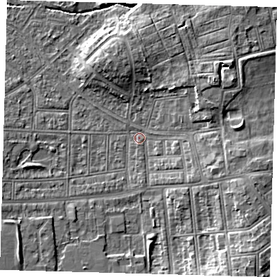 Shaded relief map of the ground around N177AG, computed from Environment Agency LiDAR. The ground here sits at about 14 m above sea level and falls 10 m across the surrounding 800 m. Surface water reaching this point runs off ground lying to the south-east, 7.9 m higher.
